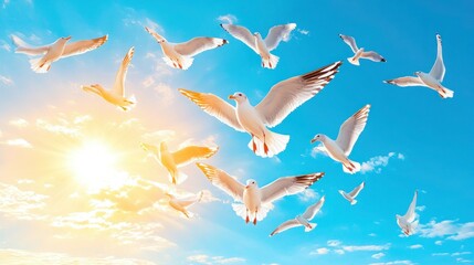 Obraz premium Seagull Flock Soaring Above Ocean Waves