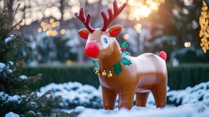 Inflatable reindeer with jingle bells and holly attached, standing proudly in a winter garden