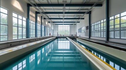Spacious indoor swimming pool with large windows allowing natural light and serene water surface, ideal for fitness, relaxation, and recreational activities, showcasing modern architecture