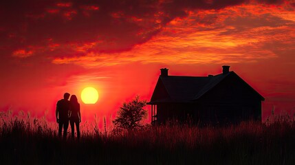 A couple standing with their arms around each other, looking at their house as the sun sets, representing togetherness