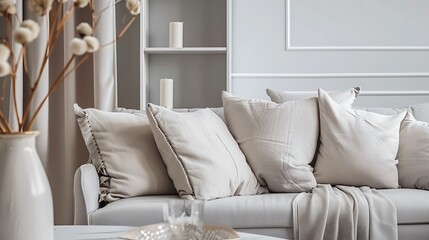 A stylish living room with monochromatic soft pillows creating sleek look