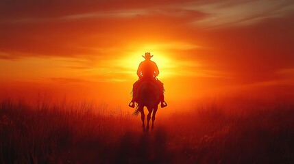 A cowboy in silhouette rides a horse against the sunset sky, casting a shadow as the sun sets behind him, evoking a western theme