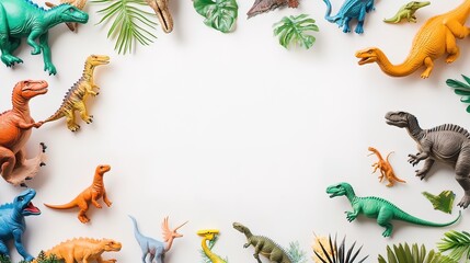 Colorful dinosaur toys arranged in a frame on a white background with tropical leaves.