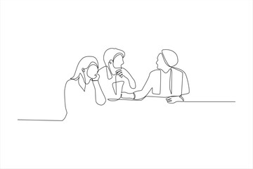 Continuous line drawing of three people in conversation.