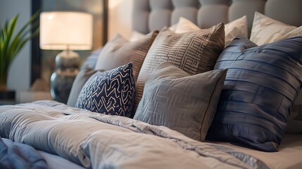 A stylishly arranged bed with mix and match pillows