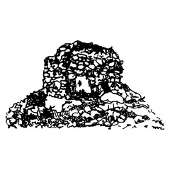 Obraz premium Mausoleum in Huilcahuaín or Wilcahuaín. Andean archaeological chullpa monument. Wari or Huari culture of ancient Peru. Hand drawn linear doodle rough sketch. Black and white silhouette.