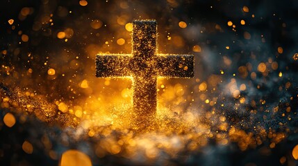 A cross surrounded by golden light and dust particles