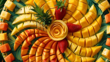 Fototapeta premium A tropical medley of mango pineapple and papaya slices arranged in decorative spiral pattern on vibrant platter