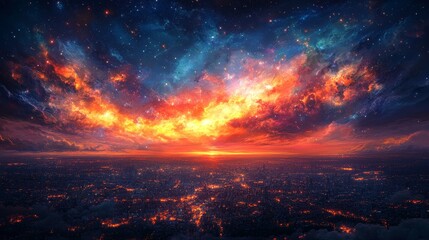 A Cityscape Under a Vibrant, Starry Night Sky