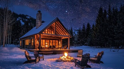 Fototapeta premium Rustic Winter Cabin with a Bonfire Outside Welcoming Guests to a Cozy Retreat