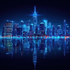 A vibrant, digitally-rendered city skyline at night, reflecting on water with blue lights.