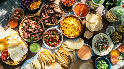 A vibrant taco bar with a variety of fillings such as grilled steak, beer-battered fish, and spicy cauliflower