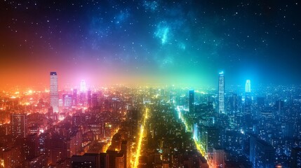 Obraz premium A Vibrant Cityscape Illuminated by Night Lights and a Starry Sky