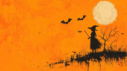 Obraz premium Halloween Banner with Witch, Bats, and Ominous Tree Branches on Full Moon Background - Vector Logo