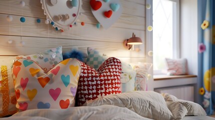 A whimsical bedroom scene with heart shaped pillows colorful accents and playful touches