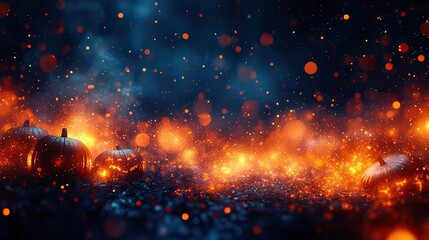 A dark background with blurred lights and Halloween pumpkins, creating a spooky atmosphere for a banner or poster