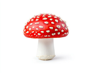 A vibrant red mushroom with white spots isolated on white background