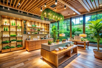 Architectural Photography of a Spa Shop with Natural Elements, Modern Design, and Relaxing Atmosphere for Wellness and Beauty Products, Showcasing a Tranquil and Inviting Space