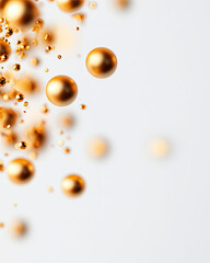 Abstract background with golden spheres floating over a white surface, creating a dreamy effect.