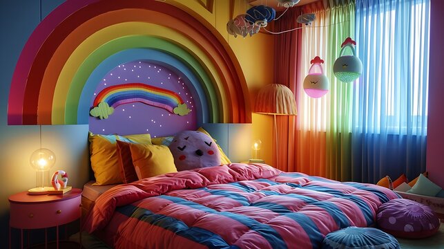 A whimsical bedroom featuring rainbow of soft plush pillows