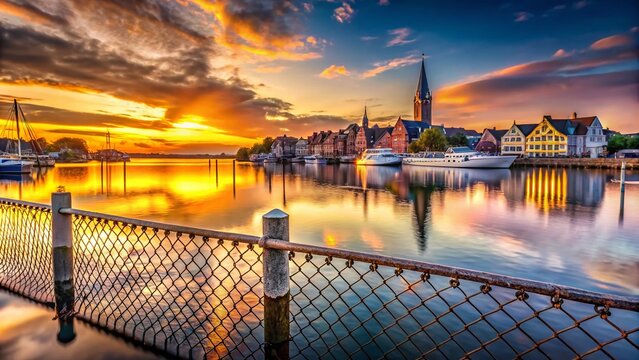 Captivating Silhouette of Kappeln Harbor with Herring Fence Against the Backdrop of Scenic City Skyline on the Schlei in May, Perfect for Travel and Nature Enthusiasts