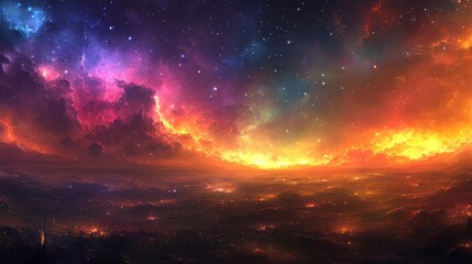 Naklejka premium A Cityscape Under a Starry Sky and a Fiery Nebula