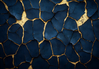 A dark blue background with golden cracks.