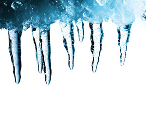 Stunning icicles hanging from a snowy surface isolated on white background