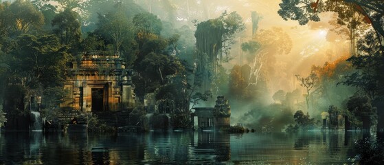Naklejka premium A serene, misty landscape featuring ancient temple ruins surrounded by lush greenery and a tranquil lake at sunrise.