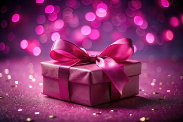 Fototapeta premium Pink Gift Box Night Photography, Pink Ribbon, Dark Background, Elegant Present, Romantic Gift, Birthday Surprise, Festive Packaging, Night Scene, Gift Box Mockup, Product Photography