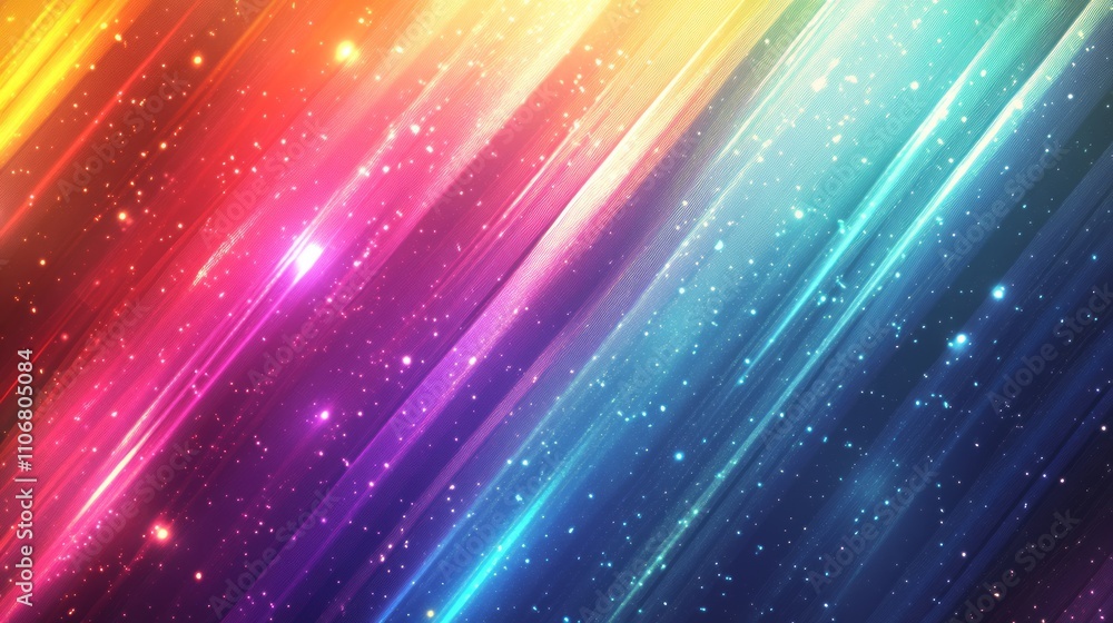 Poster abstract colorful diagonal lines and glowing particles background.