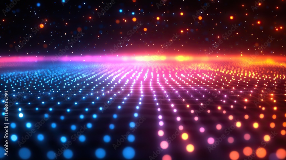 Poster a dark blue background with grid lines and glowing light dots, creating an abstract perspective of d