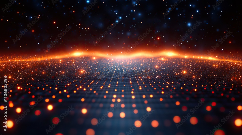 Poster a dark blue background with grid lines and glowing light dots, creating an abstract perspective of d