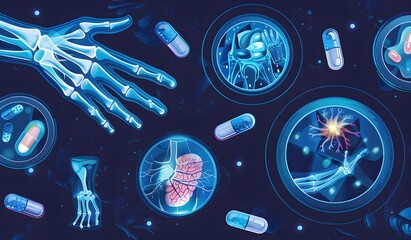 A captivating illustration depicting the human skeletal system and internal organs, surrounded by pills, in a dark blue setting.