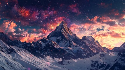 Scenic Mountain Backdrop with a Fireworks Show Creating a Stunning Nighttime Display