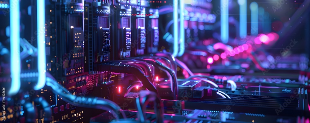 Poster futuristic computer system illuminated with neon lights
