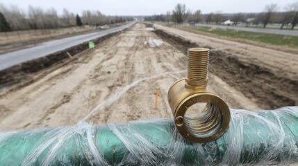 Fototapeta premium Road Construction Brass Pipe Fitting Utility Installation Highway Project