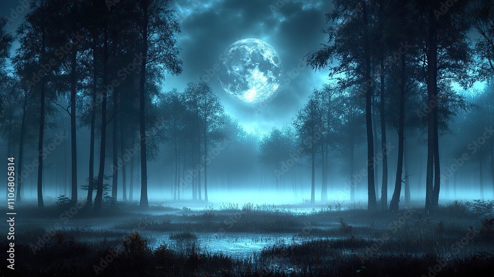 Poster a dark forest illuminated by moonlight filtering through the trees, with fog in the background, sett