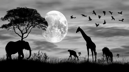 African Savanna Silhouettes Under a Full Moon: Monochrome Wildlife Artwork and Nature's Nightlife