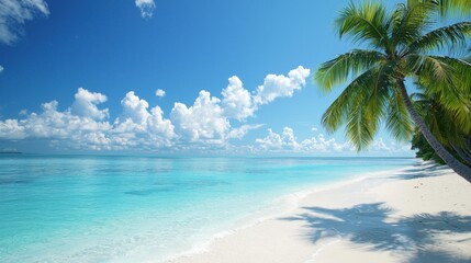 Fototapeta premium A tropical beach scene with turquoise water, white sand, and palm trees swaying in the warm breeze