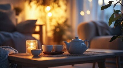 A cozy tea setting with a teapot, cups, candle, and warm lighting.