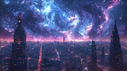 Obraz premium A Cityscape Illuminated by a Vibrant, Starry Night Sky