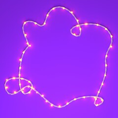 Christmas greeting card template, banner mock up with copy space, space for text. Christmas festive lights garland on purple background. Holiday background, beautiful fairy lights party backdrop