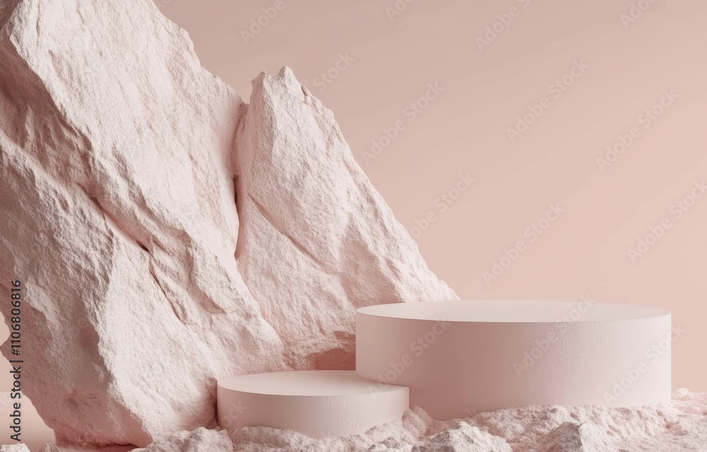 Poster abstract minimalist sculpture display in soft pastel pink with textured rocks and smooth forms on li