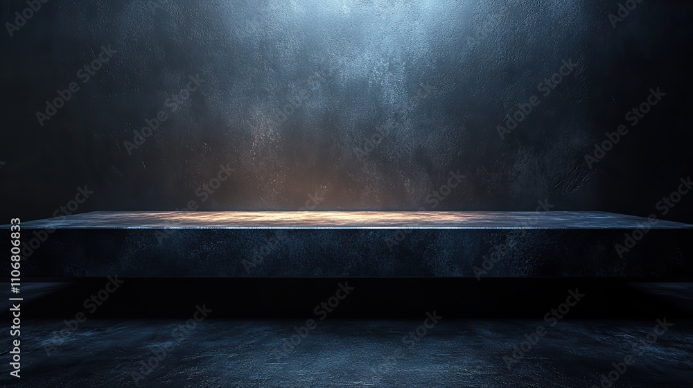 Poster a dark grey table is illuminated by soft light shining from the right side against an all-black back
