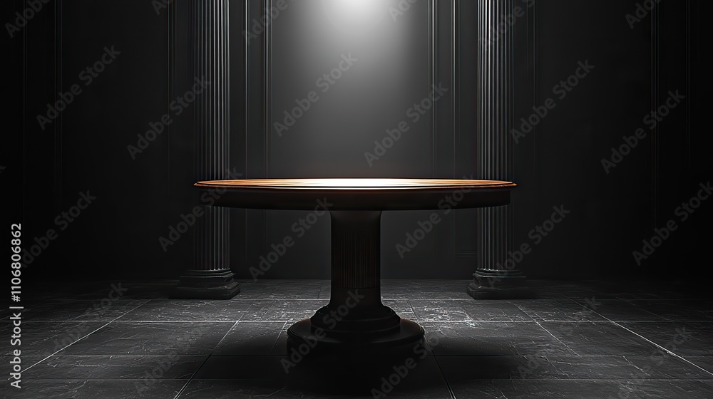 Poster a dark grey table is illuminated by soft light shining from the right side against an all-black back