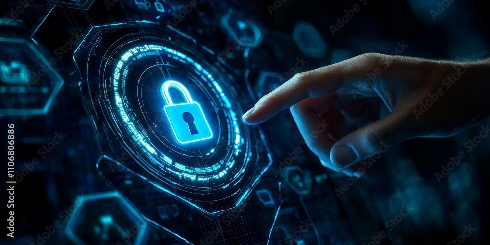 Poster cybersecurity and online data protection with holographic lock icon in futuristic interface technolo