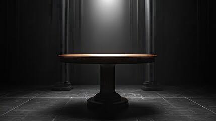 A dark grey table is illuminated by soft light shining from the right side against an all-black background