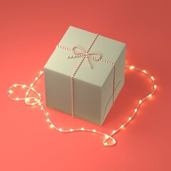Christmas gift box, layout template with fairy lights garland. Ad mock up with copy space. Hipster style craft paper Xmas gift box with twine, Christmas gift box background. Holiday background