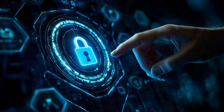 Cybersecurity and Online Data Protection with Holographic Lock Icon in Futuristic Interface Technology